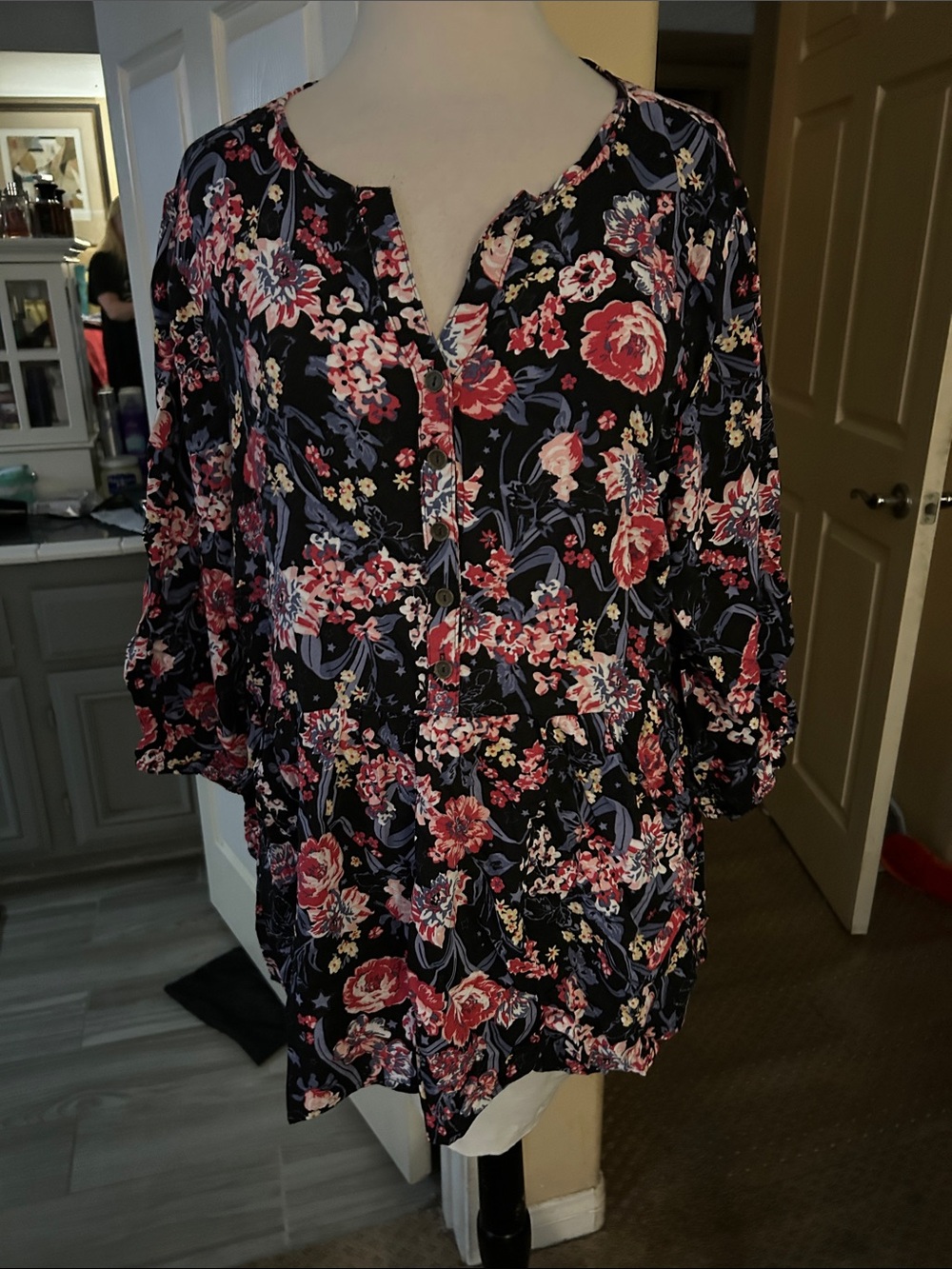 Loralette Navy Floral Split-Neck Blouse with Red & Pink Blooms